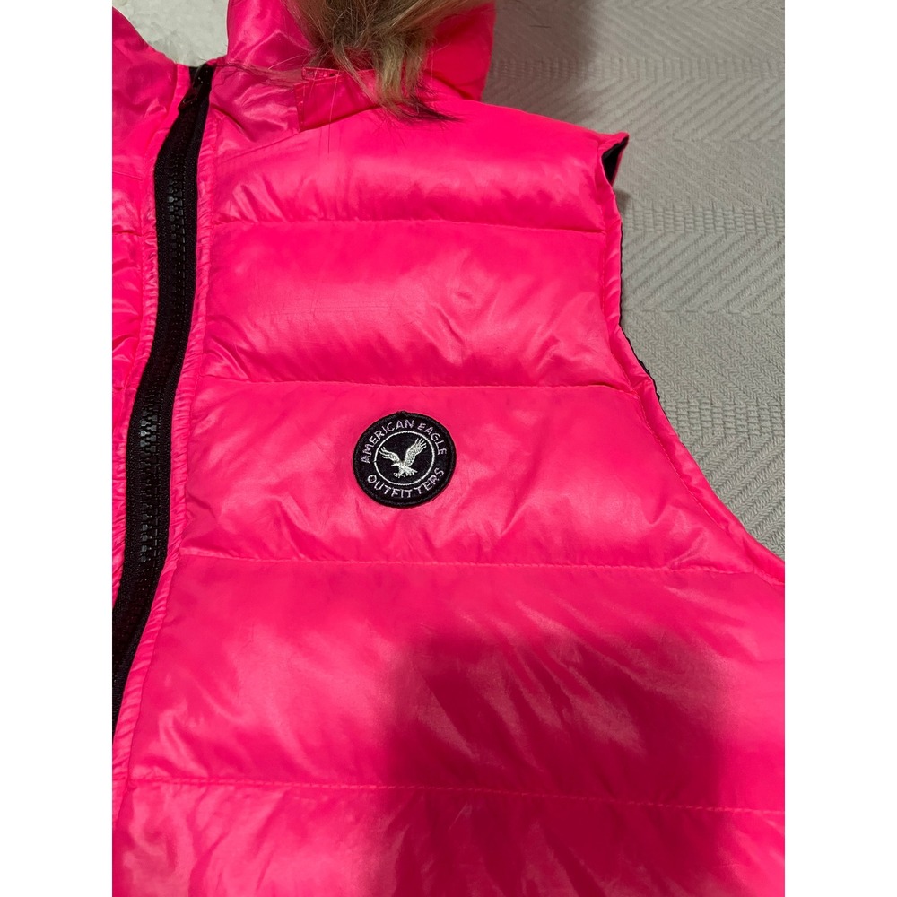 American Eagle Neon Pink Down Puffer Vest Detachable Faux Fur Hood Women Small - Picture 2 of 7